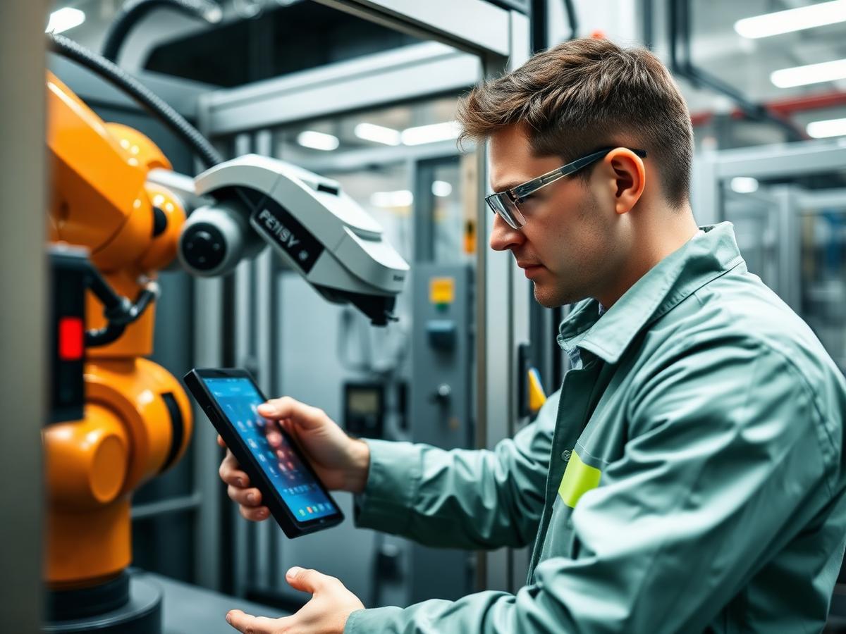 Técnico de automação programando célula robótica em fábrica