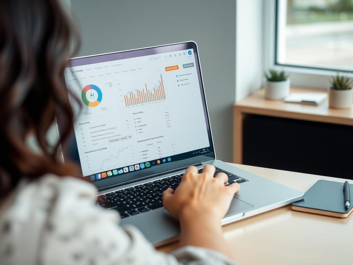 Profissional utilizando ferramentas de inteligência artificial em um notebook