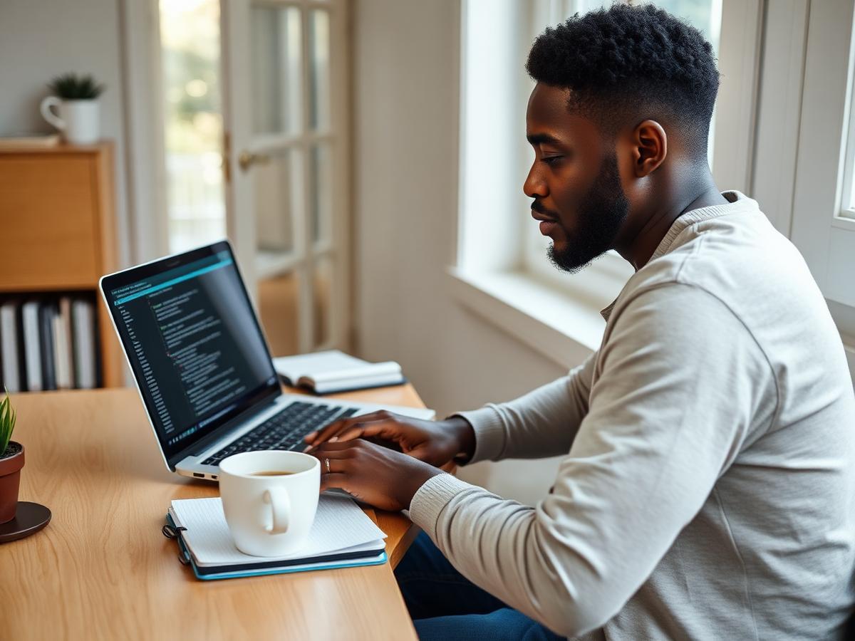 Jovem estudando programação em um notebook