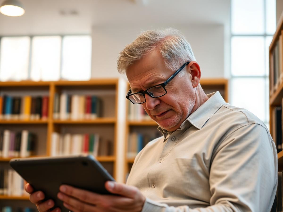 Pessoa madura estudando em um tablet
