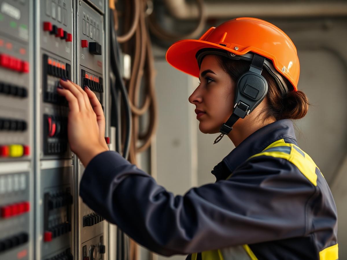 Técnica em eletrotécnica operando painel elétrico industrial